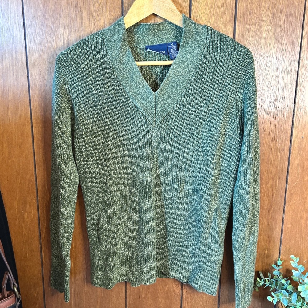 Liz Claiborne Sport Olive Green Cotton Knit V Neck Sweater‎ Top Womens M